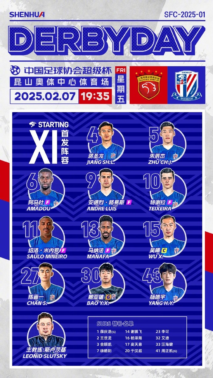  2025中國足球協(xié)會超級杯 上海海港 vs 上海申花 首發(fā)名單